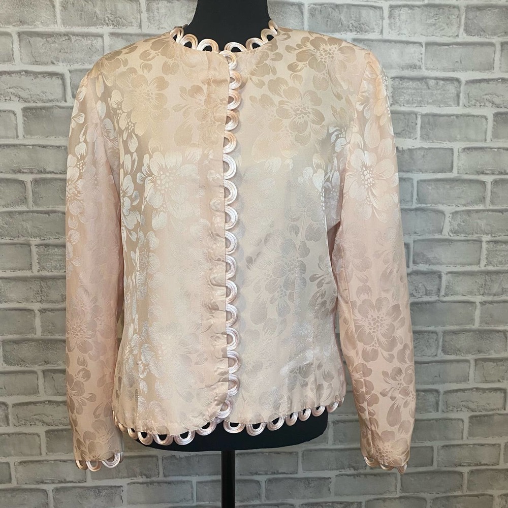 Anne Crimmins Long Sleeve Scalloped Floral Print Satin Blouse Pink Women's 14